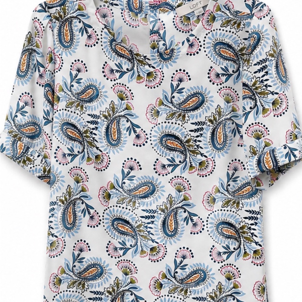 LOFT White Paisley Short Sleeve - Blue & Pink Accents